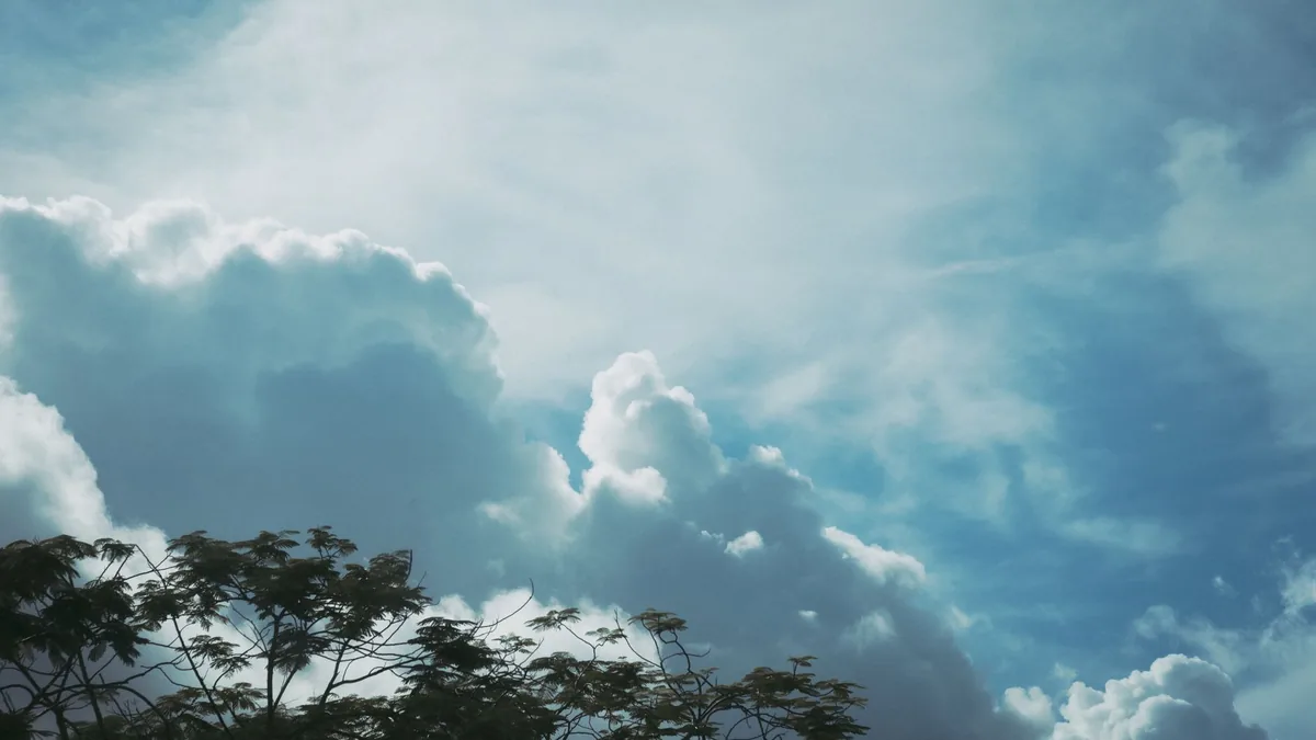 Peaceful blue sky with fluffy clouds and a tree silhouette, perfect for tranquil and natural backgrounds.
